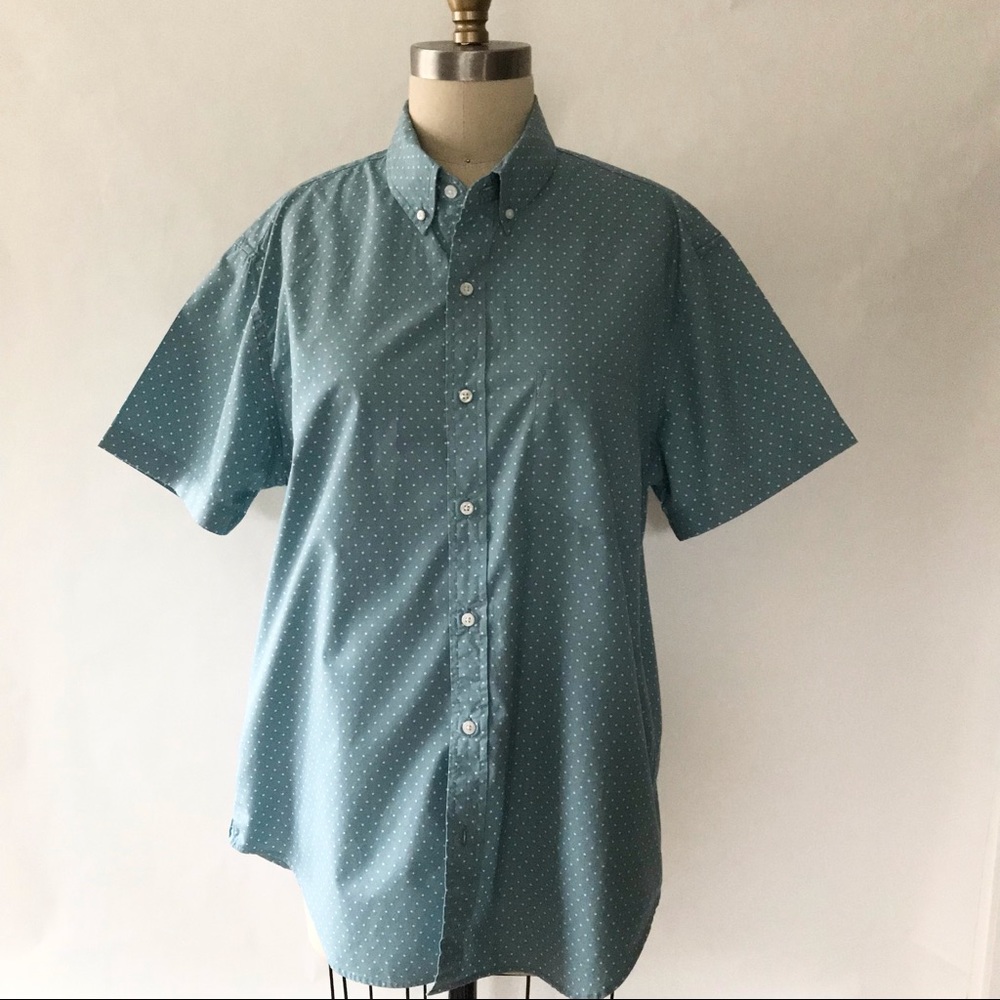 J CREW Men’s Short Sleeve Button Up - Turquoise w/ White Dots - Size Large